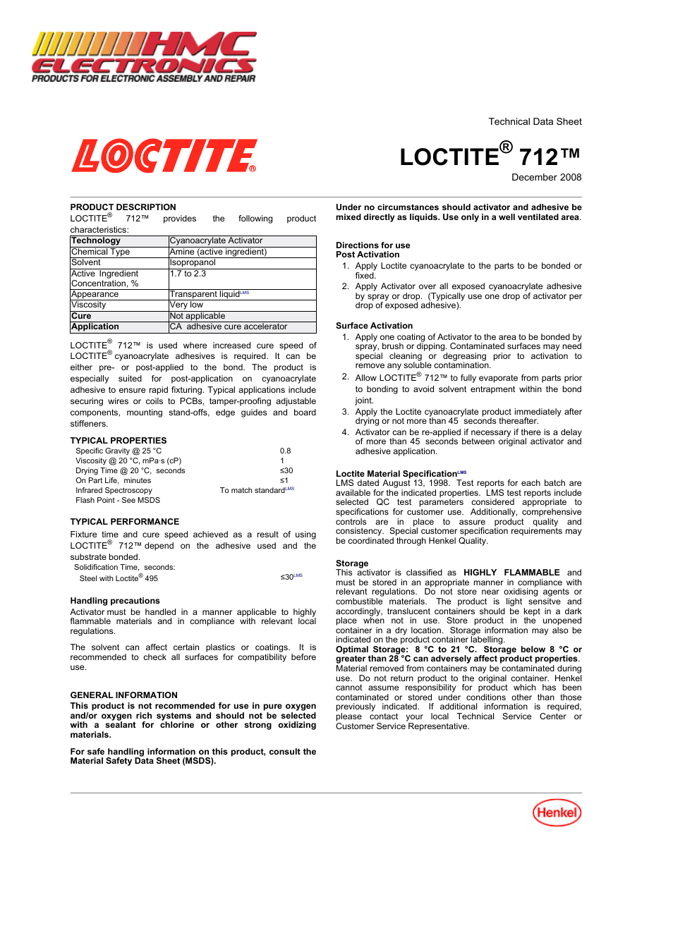 HMC Electronics 18636 Loctite 712 Tak Pak Accelerator, Isopropanol-Based User Manual | 2 pages