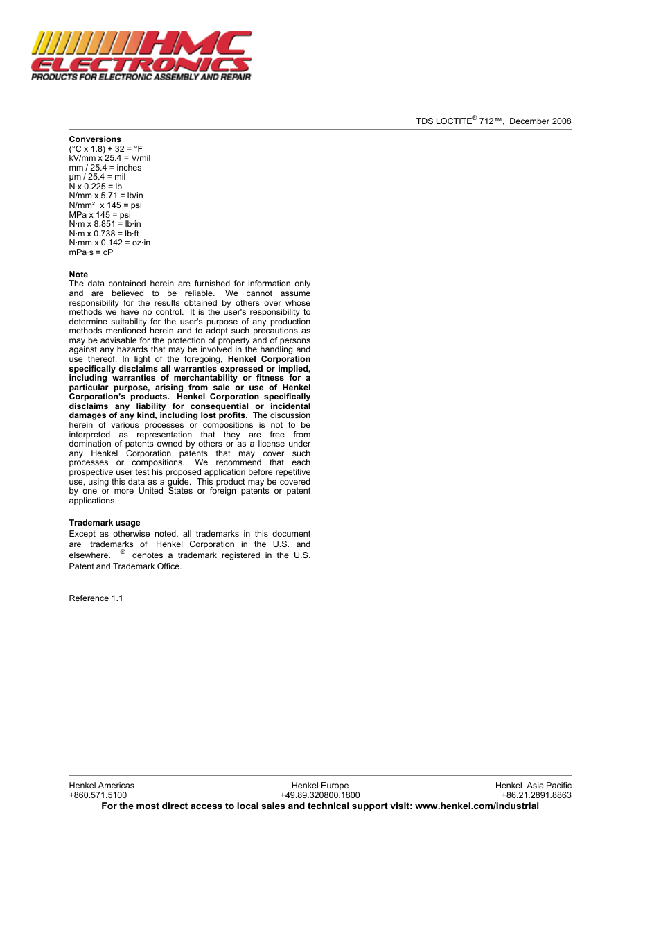 HMC Electronics 18636 Loctite 712 Tak Pak Accelerator, Isopropanol-Based User Manual | Page 2 / 2