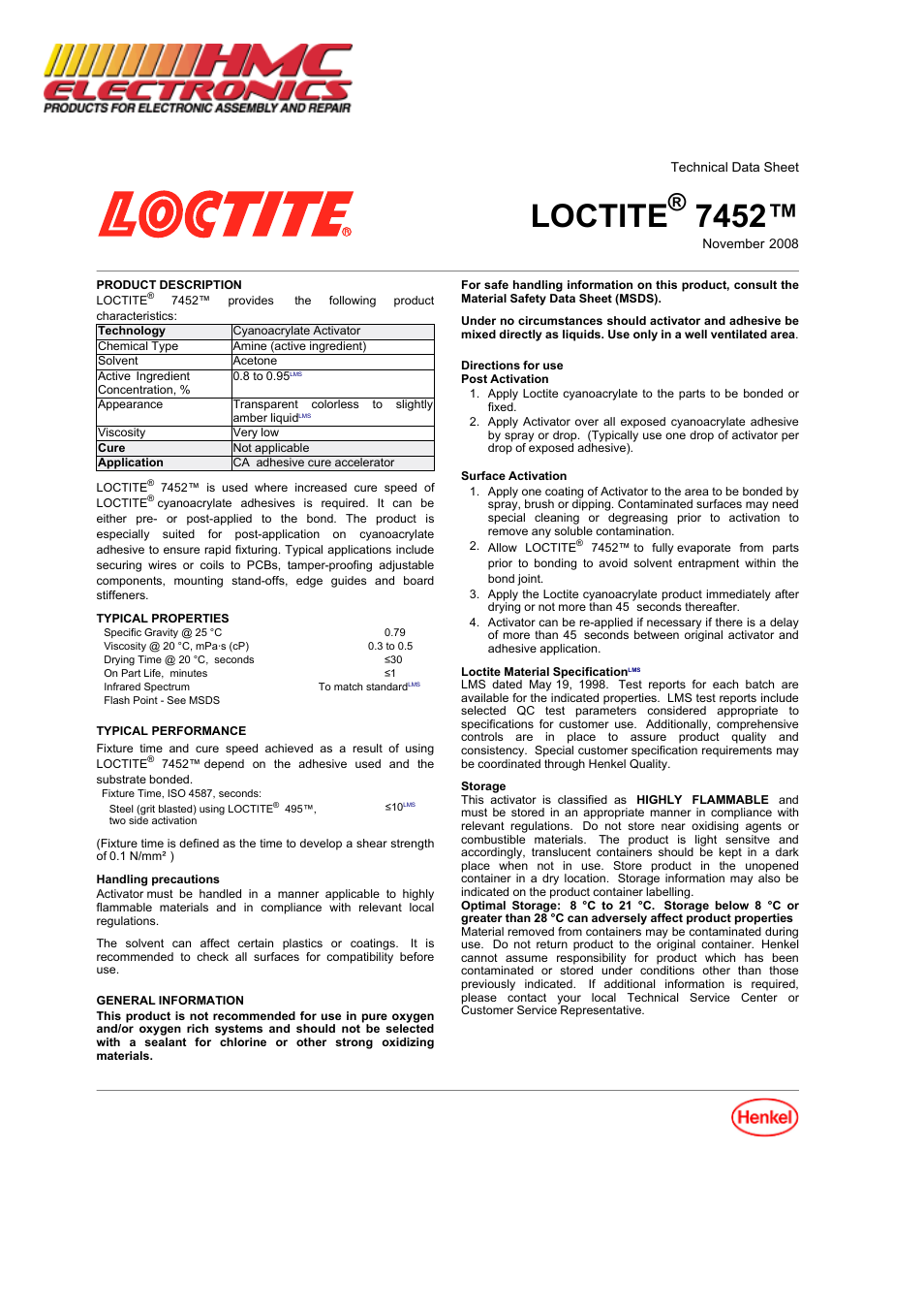HMC Electronics 18490 Loctite 7452 Tak Pak Accelerator, Acetone-Based User Manual | 2 pages
