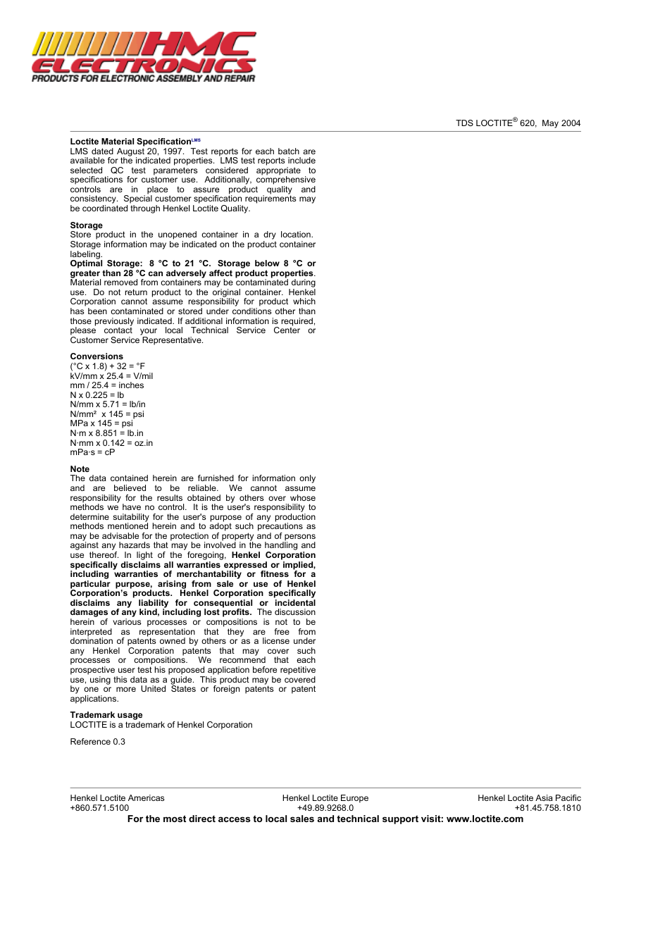HMC Electronics 62040 Loctite 620 Retaining Compound, High Temperature User Manual | Page 3 / 3