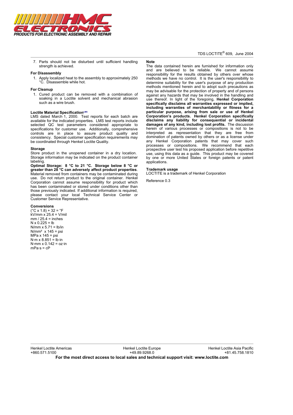 HMC Electronics 60921 Loctite 609 Retaining Compound, General Purpose User Manual | Page 3 / 3
