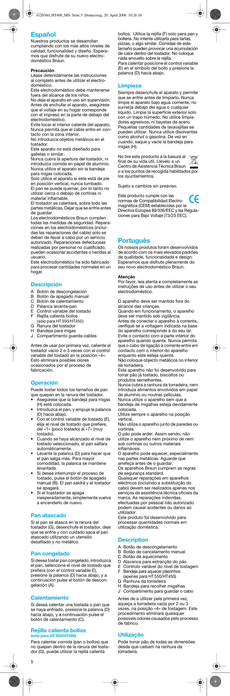 Español, Português | Braun HT 550 User Manual | Page 5 / 20