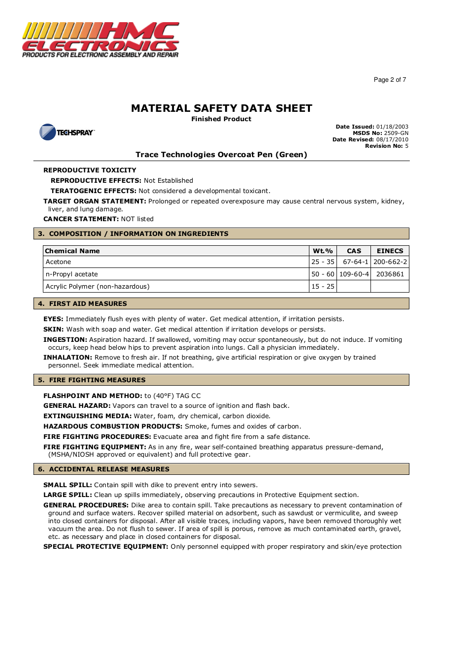 Material safety data sheet | HMC Electronics 2509-GN Techspray Trace Tech Overcoat Pen User Manual | Page 2 / 7