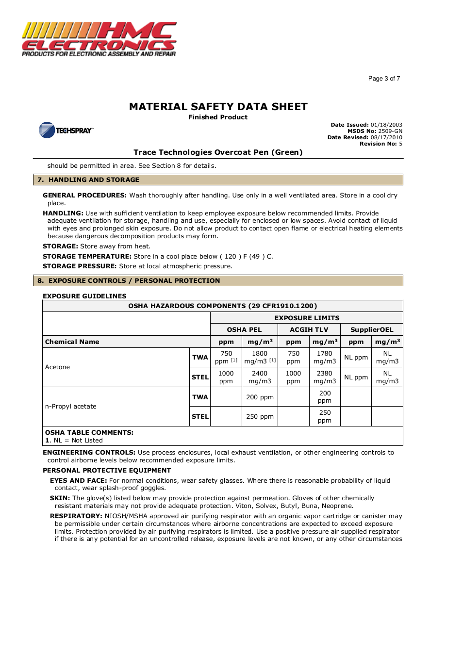 Material safety data sheet | HMC Electronics 2509-GN Techspray Trace Tech Overcoat Pen User Manual | Page 3 / 7