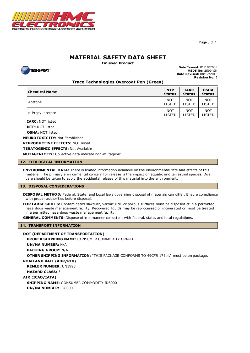 Material safety data sheet | HMC Electronics 2509-GN Techspray Trace Tech Overcoat Pen User Manual | Page 5 / 7
