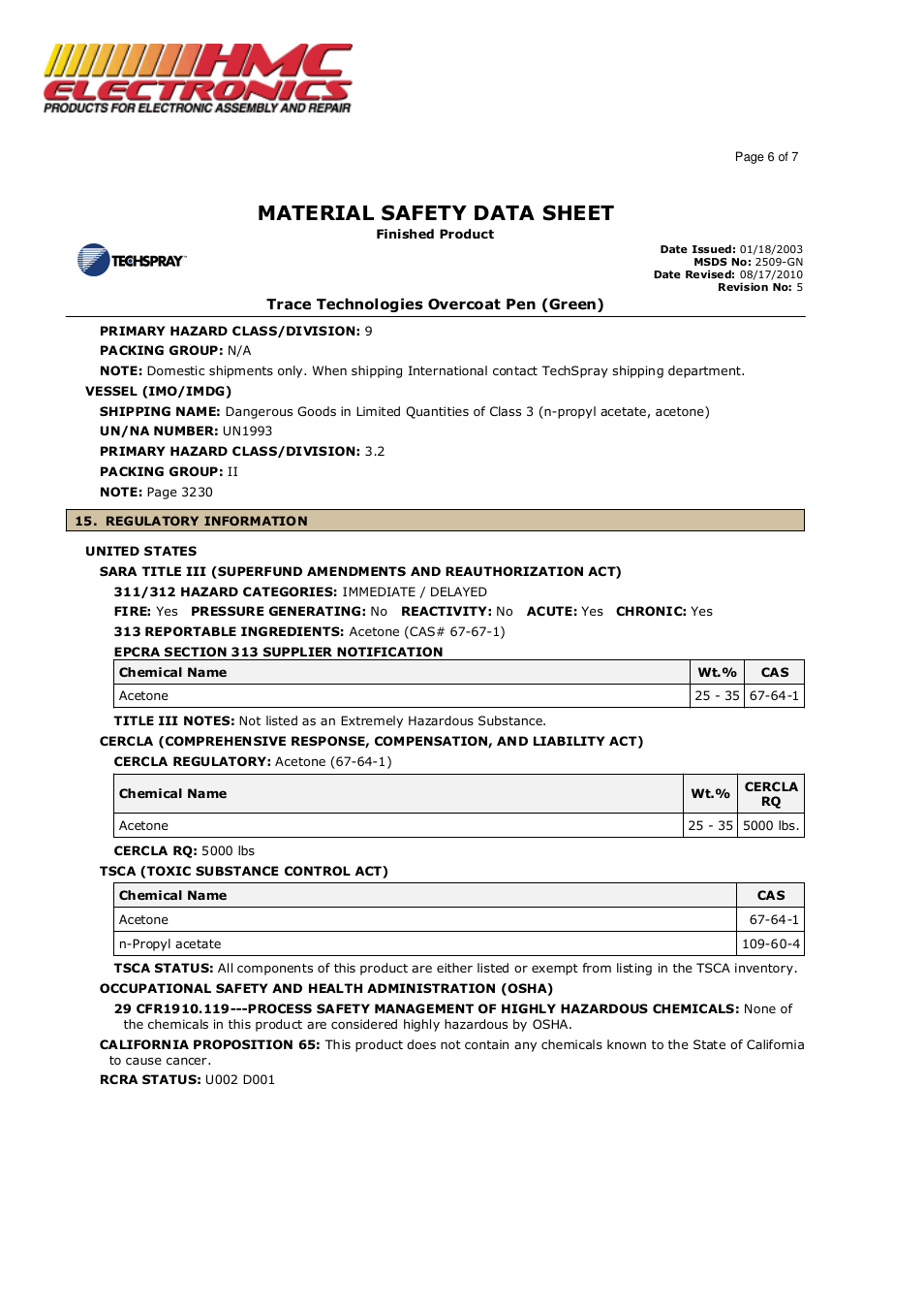 Material safety data sheet | HMC Electronics 2509-GN Techspray Trace Tech Overcoat Pen User Manual | Page 6 / 7