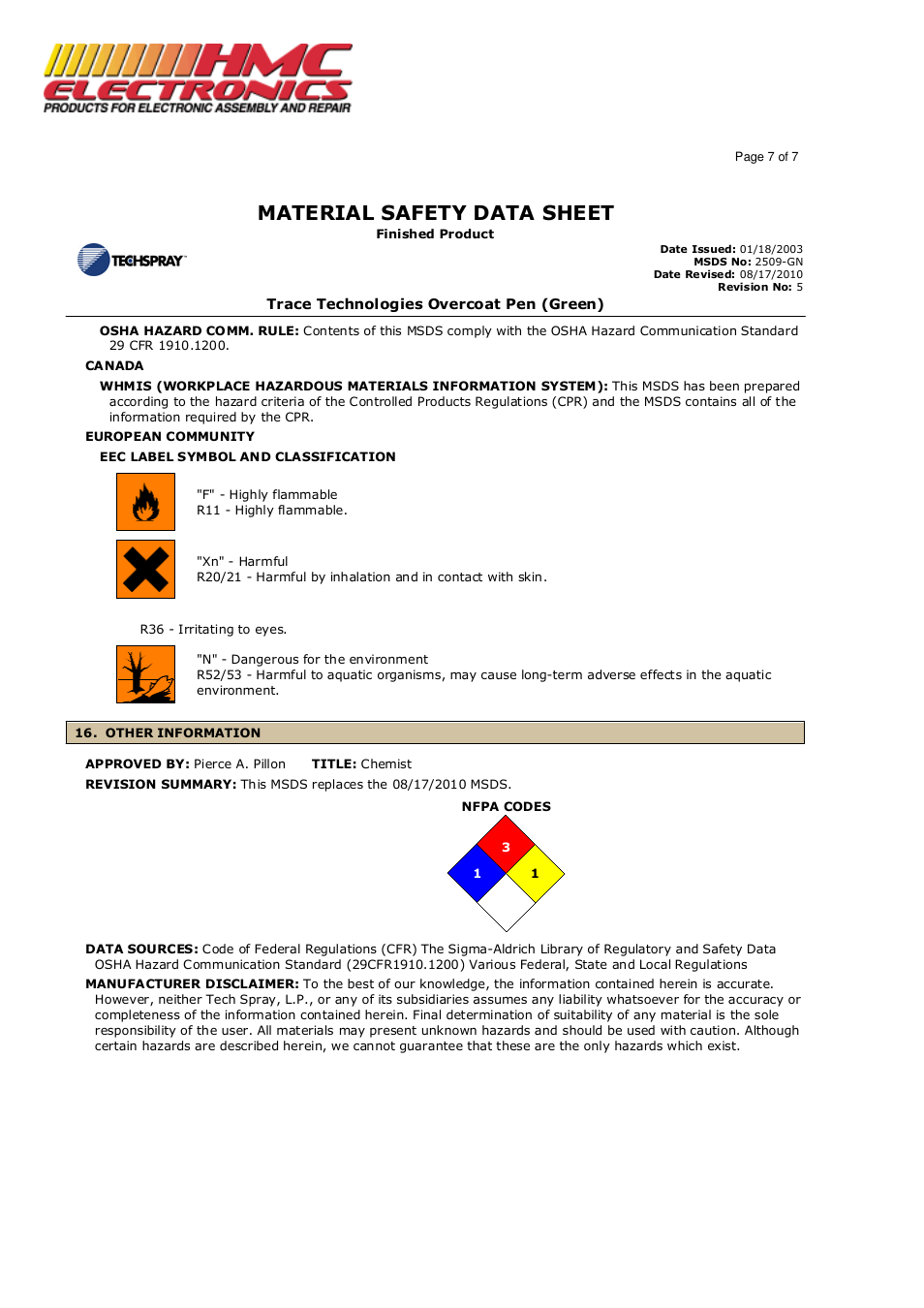 Material safety data sheet | HMC Electronics 2509-GN Techspray Trace Tech Overcoat Pen User Manual | Page 7 / 7