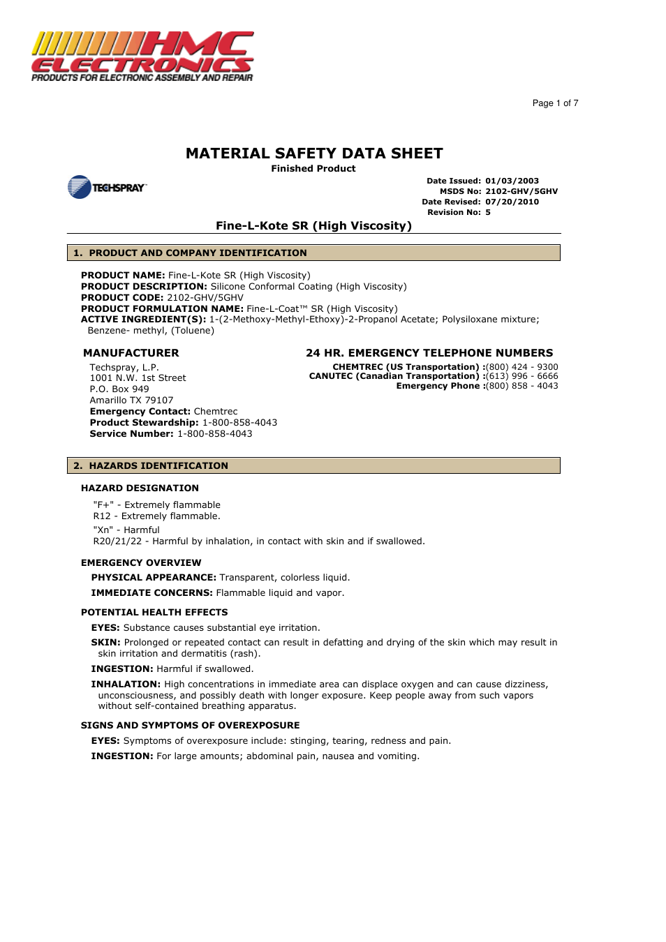 HMC Electronics 2102-GHV Techspray Silicone Conformal Coating, High Viscosity SR User Manual | 7 pages