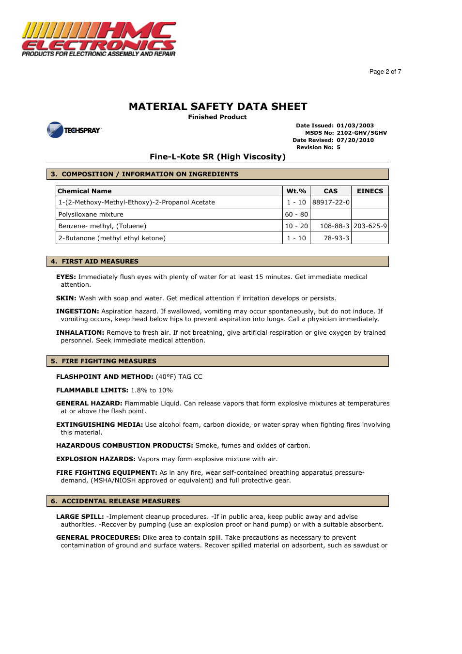 Material safety data sheet | HMC Electronics 2102-GHV Techspray Silicone Conformal Coating, High Viscosity SR User Manual | Page 2 / 7