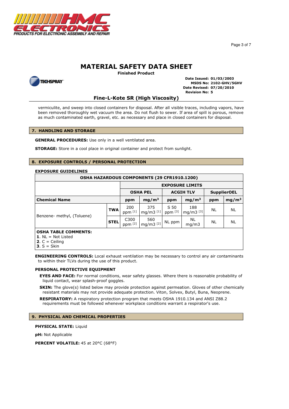 Material safety data sheet | HMC Electronics 2102-GHV Techspray Silicone Conformal Coating, High Viscosity SR User Manual | Page 3 / 7