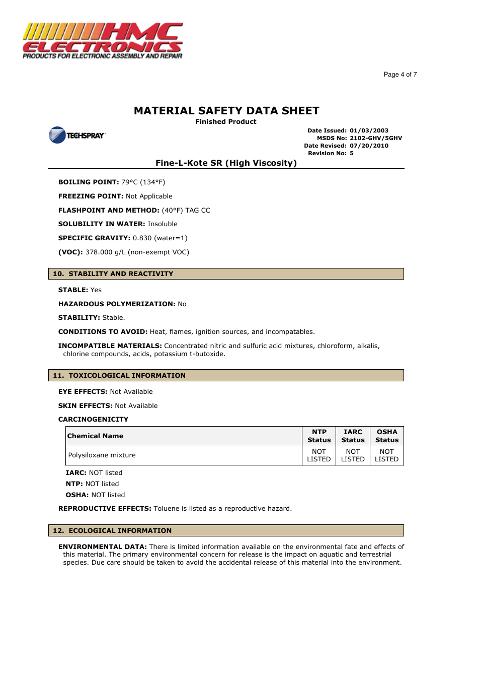 Material safety data sheet | HMC Electronics 2102-GHV Techspray Silicone Conformal Coating, High Viscosity SR User Manual | Page 4 / 7