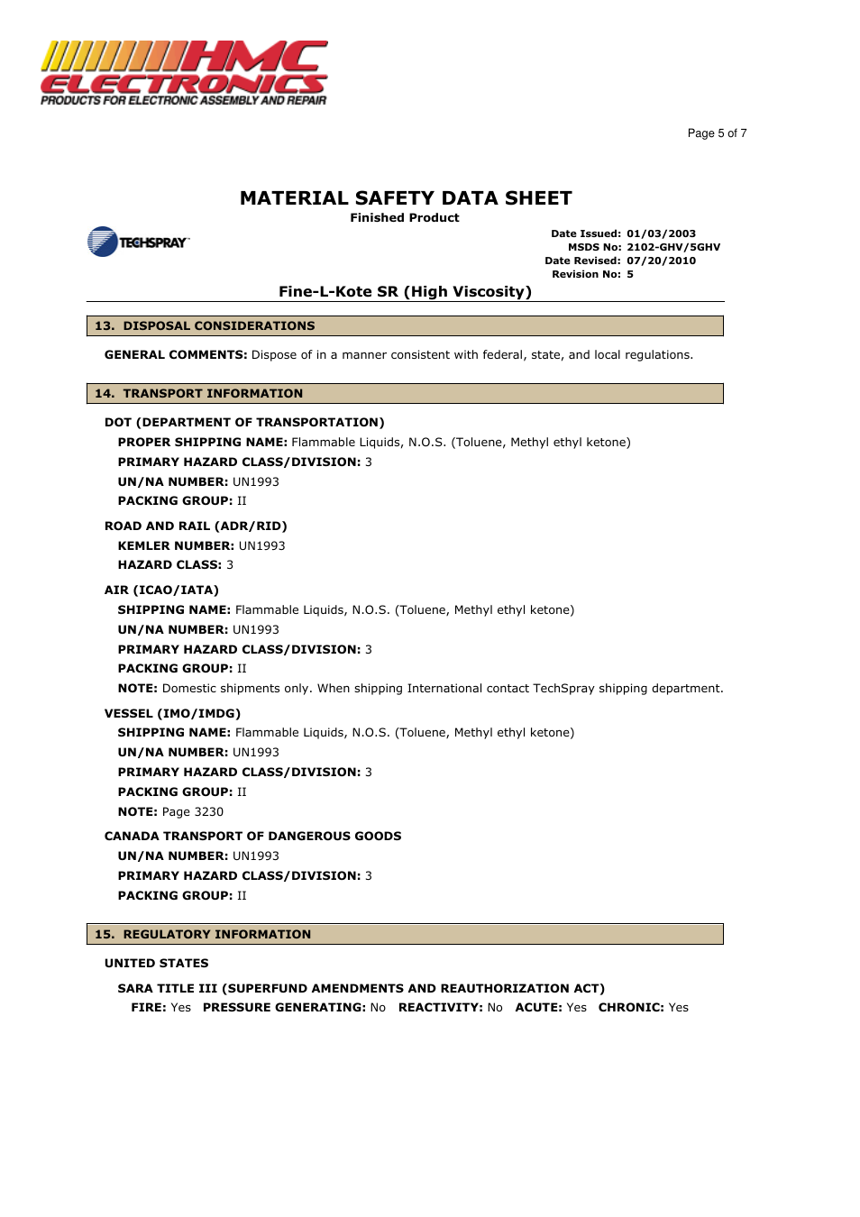 Material safety data sheet | HMC Electronics 2102-GHV Techspray Silicone Conformal Coating, High Viscosity SR User Manual | Page 5 / 7
