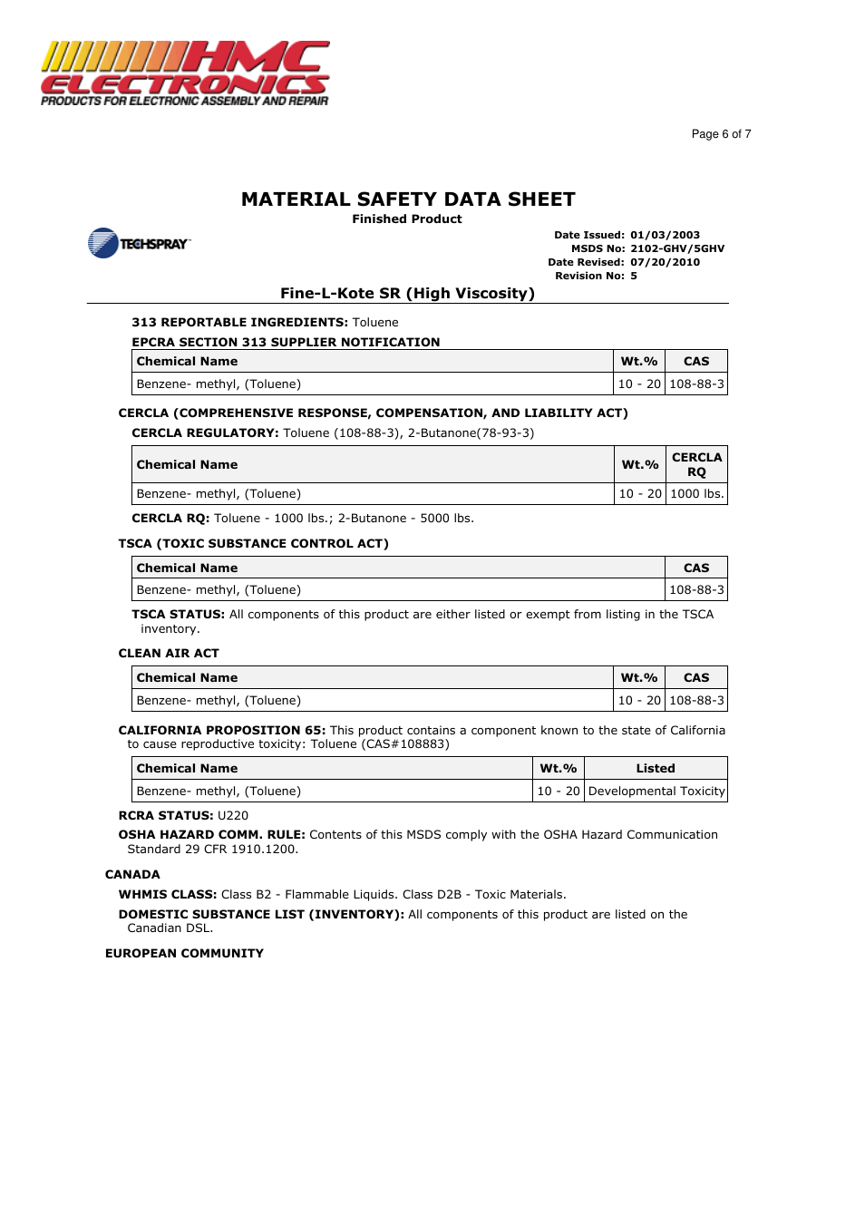 Material safety data sheet | HMC Electronics 2102-GHV Techspray Silicone Conformal Coating, High Viscosity SR User Manual | Page 6 / 7