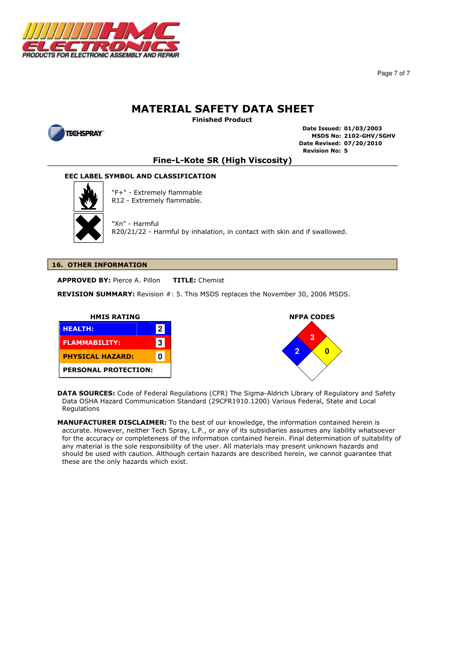 Material safety data sheet | HMC Electronics 2102-GHV Techspray Silicone Conformal Coating, High Viscosity SR User Manual | Page 7 / 7