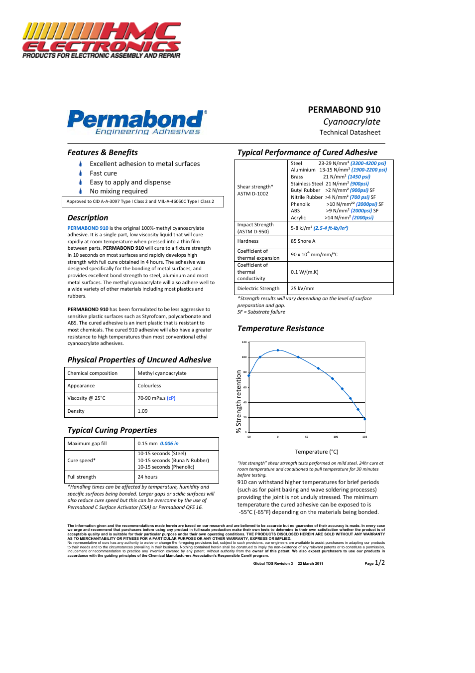 HMC Electronics 910-1 Permabond 910 Cyanoacrylate Adhesive, General Purpose, Metal Bonding User Manual | 2 pages