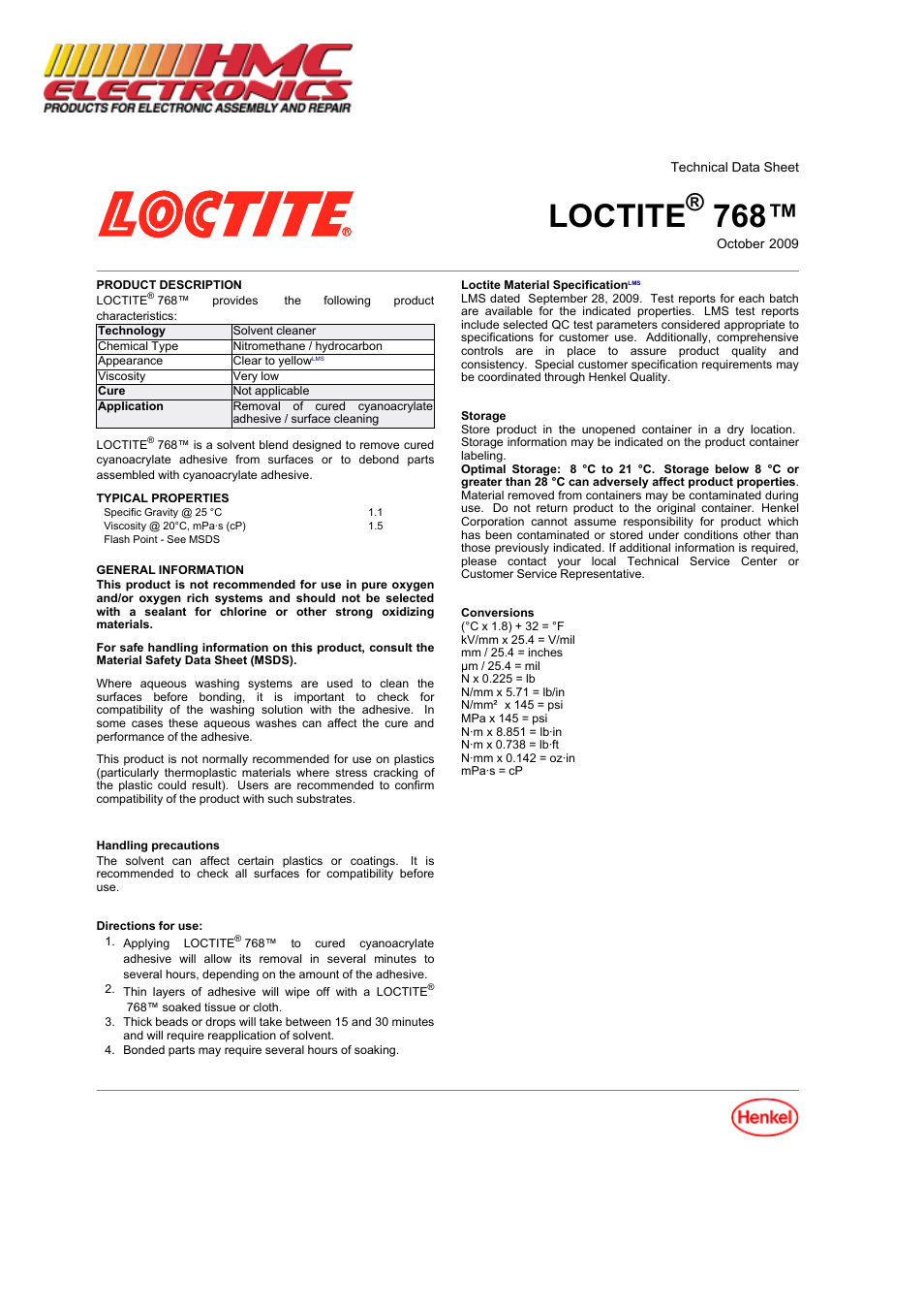 HMC Electronics 76820 Loctite X-NMS Clean-Up Solvent for Instant Adhesives User Manual | 2 pages