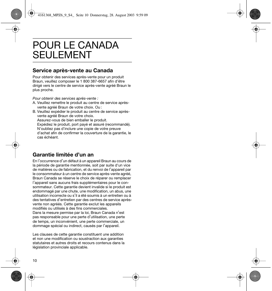 Pour le canada seulement, Service après-vente au canada, Garantie limitée d’un an | Braun Citromatic MPZ6 User Manual | Page 10 / 14