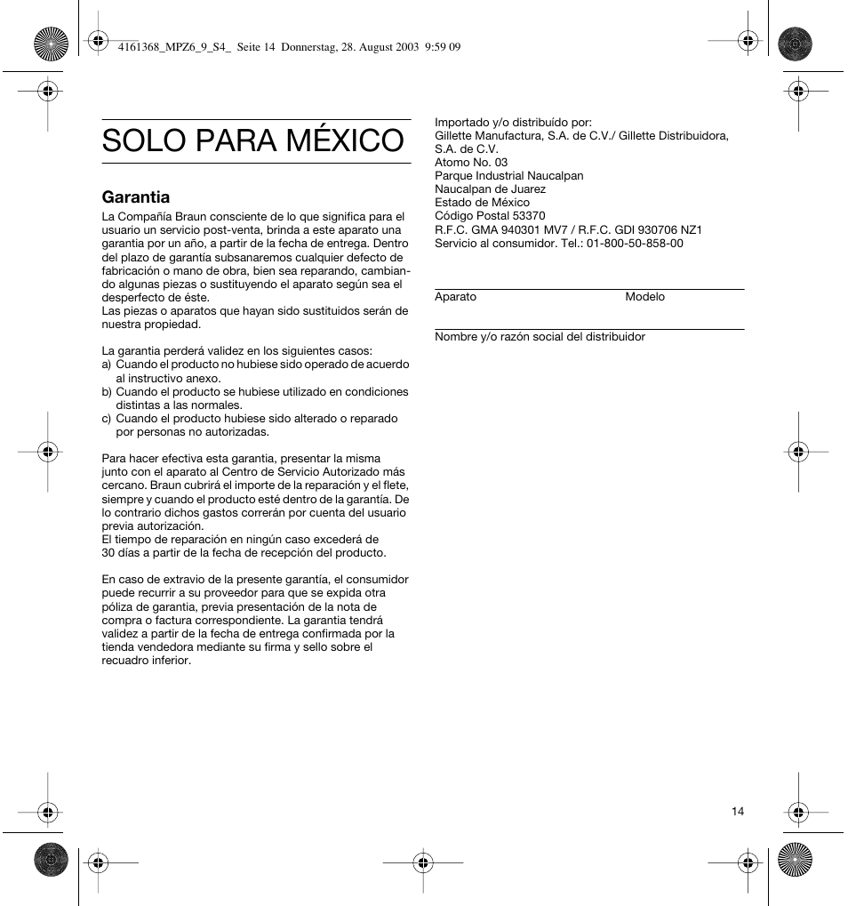 Solo para méxico, Garantia | Braun Citromatic MPZ6 User Manual | Page 14 / 14