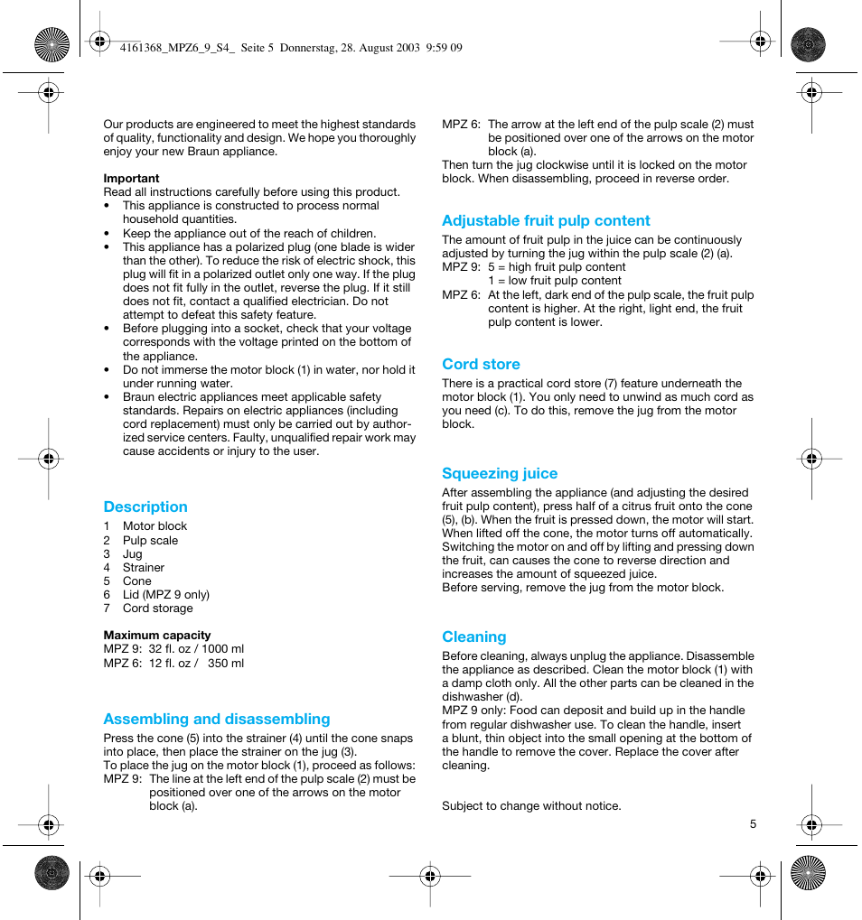 Description, Assembling and disassembling, Adjustable fruit pulp content | Cord store, Squeezing juice, Cleaning | Braun Citromatic MPZ6 User Manual | Page 5 / 14