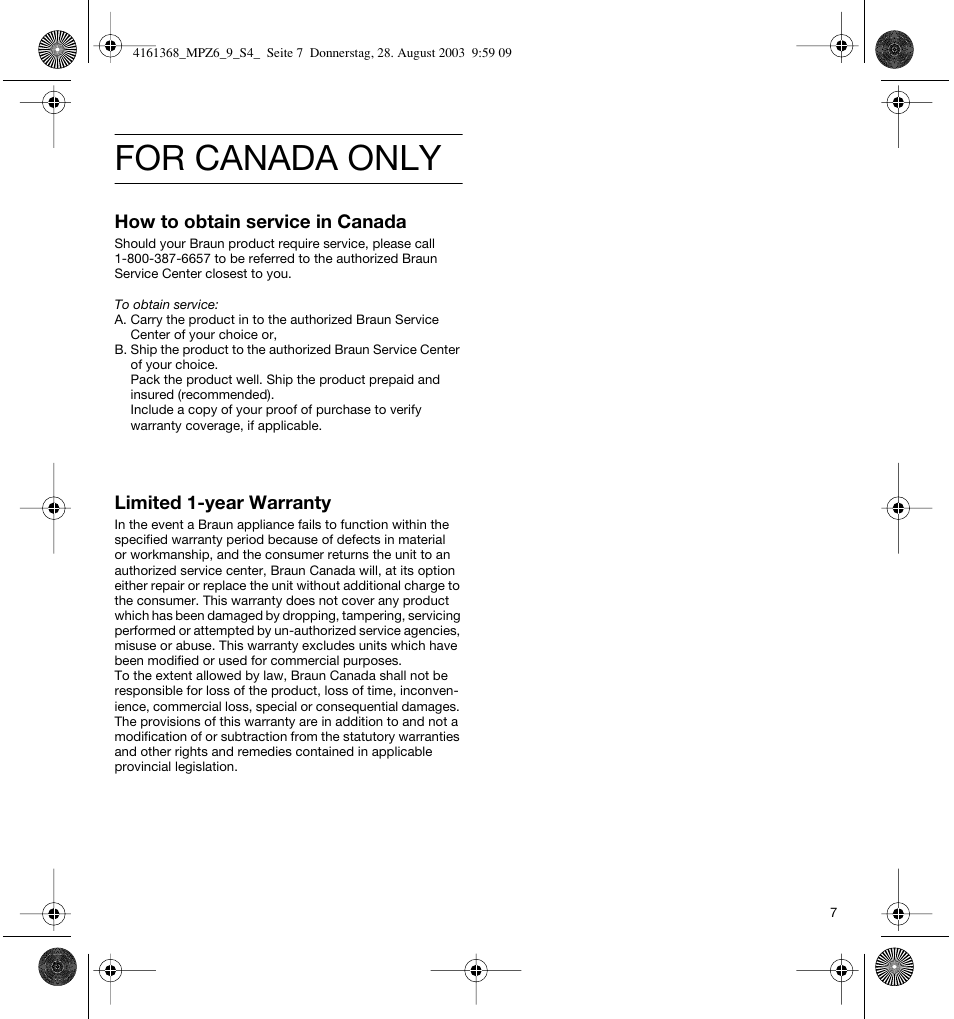 For canada only | Braun Citromatic MPZ6 User Manual | Page 7 / 14