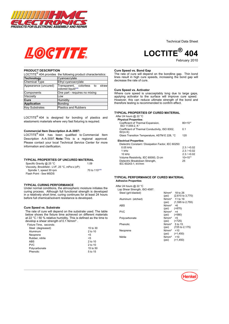 HMC Electronics 46551 Loctite 404 Quick Set Instant Adhesive User Manual | 3 pages