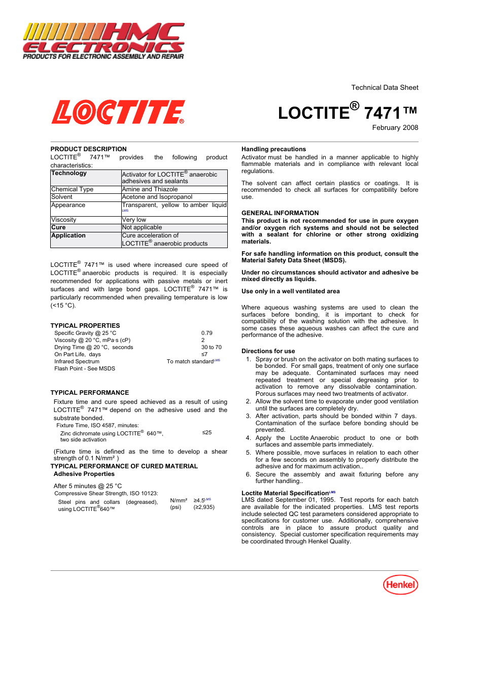 HMC Electronics 19267 Loctite 7471 Primer T User Manual | 2 pages