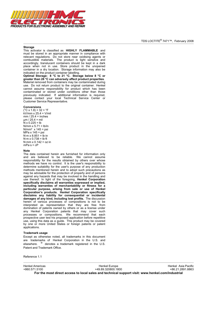 HMC Electronics 19267 Loctite 7471 Primer T User Manual | Page 2 / 2