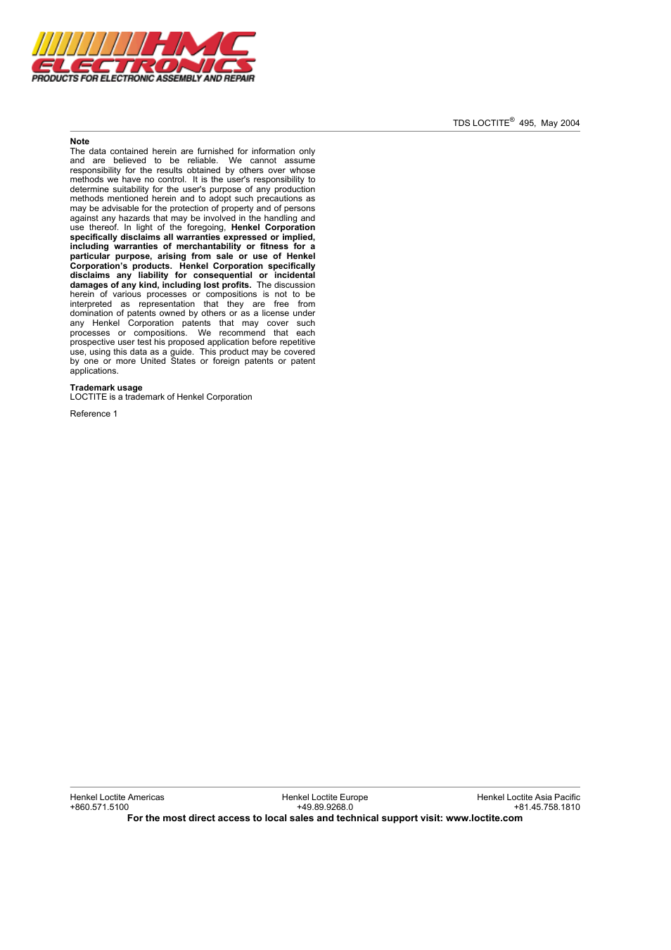 HMC Electronics 49550 Loctite 495 SuperBonder, Instant Adhesive, General Purpose User Manual | Page 3 / 3