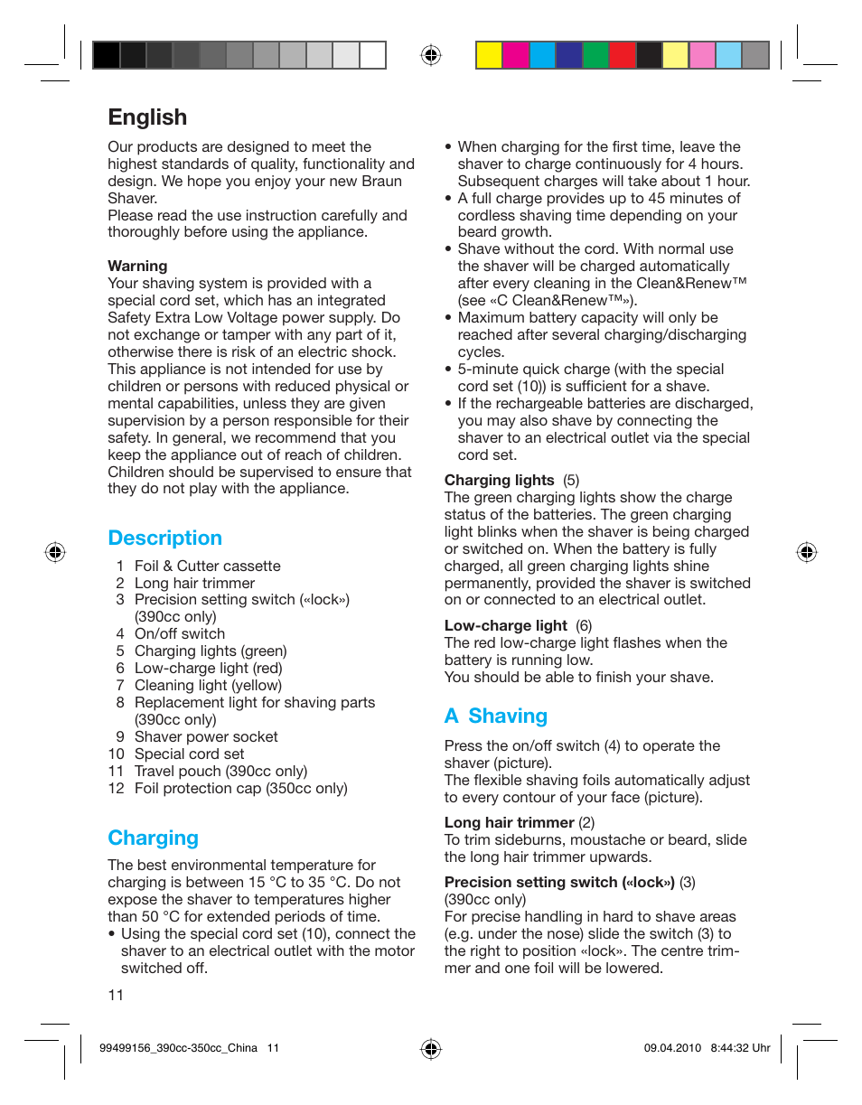 English, Description, Charging | A shaving | Braun 350CC-3 User Manual | Page 11 / 14