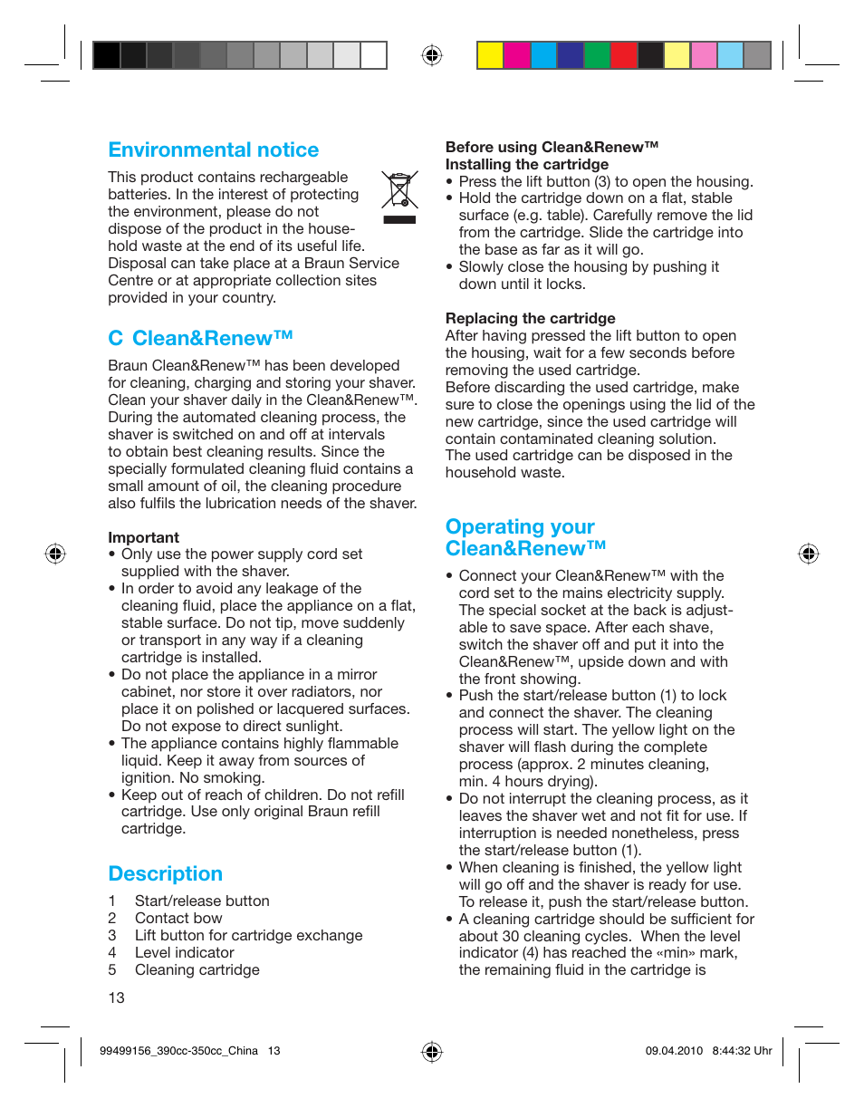 Environmental notice, C clean&renew, Description | Operating your clean&renew | Braun 350CC-3 User Manual | Page 13 / 14