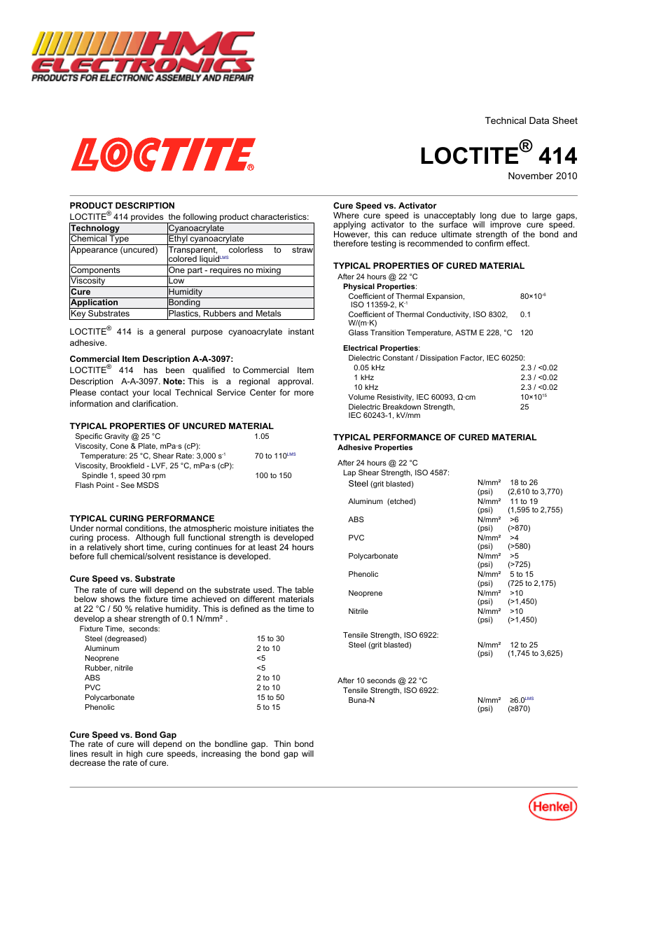 HMC Electronics 41450 Loctite 414 SuperBonder, Instant Adhesive, Plastic Bonder User Manual | 3 pages