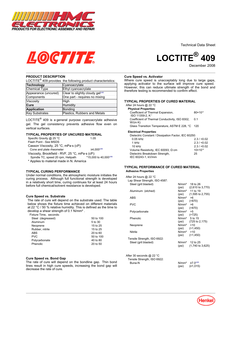 HMC Electronics 40904 Loctite 409 SuperBonder, Instant Adhesive, General Purpose Gel User Manual | 3 pages