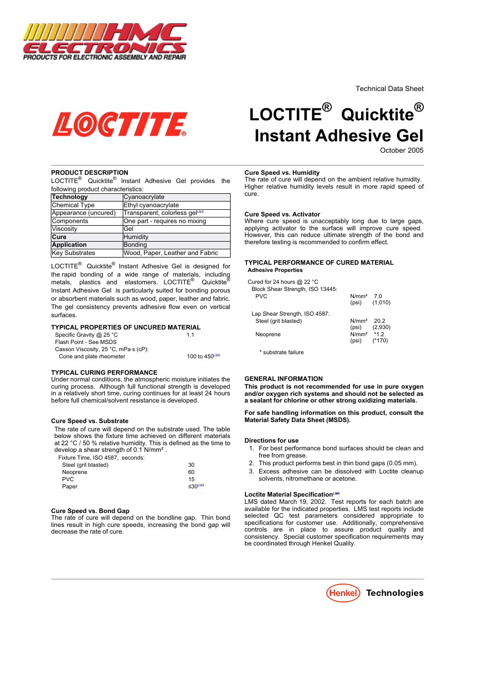 HMC Electronics 39202 Loctite Quicktite Instant Adhesive Gel User Manual | 2 pages