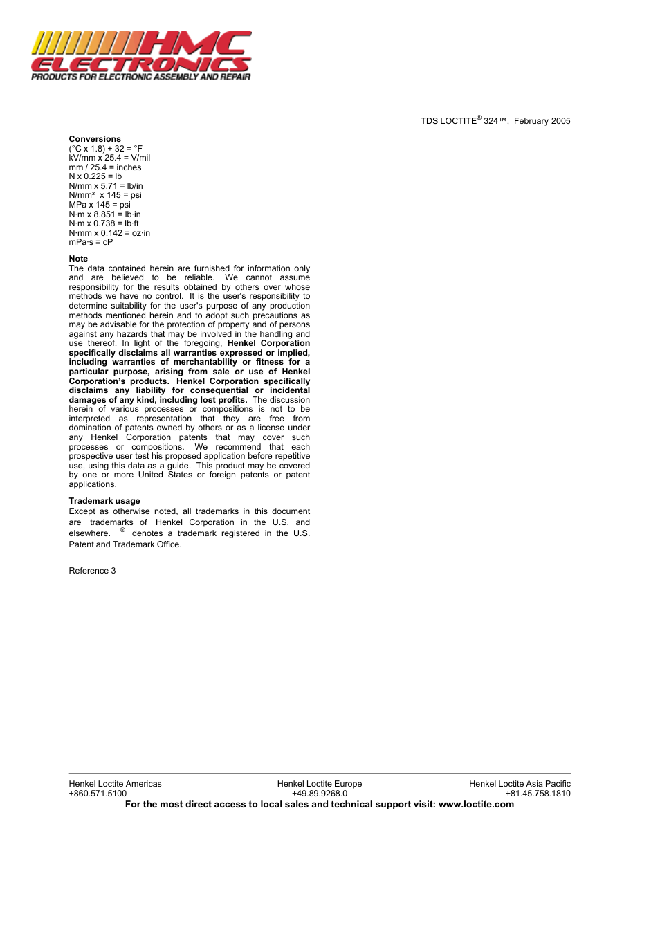 HMC Electronics 32430 Loctite 324 Speedbonder, High Impact Adhesive User Manual | Page 3 / 3