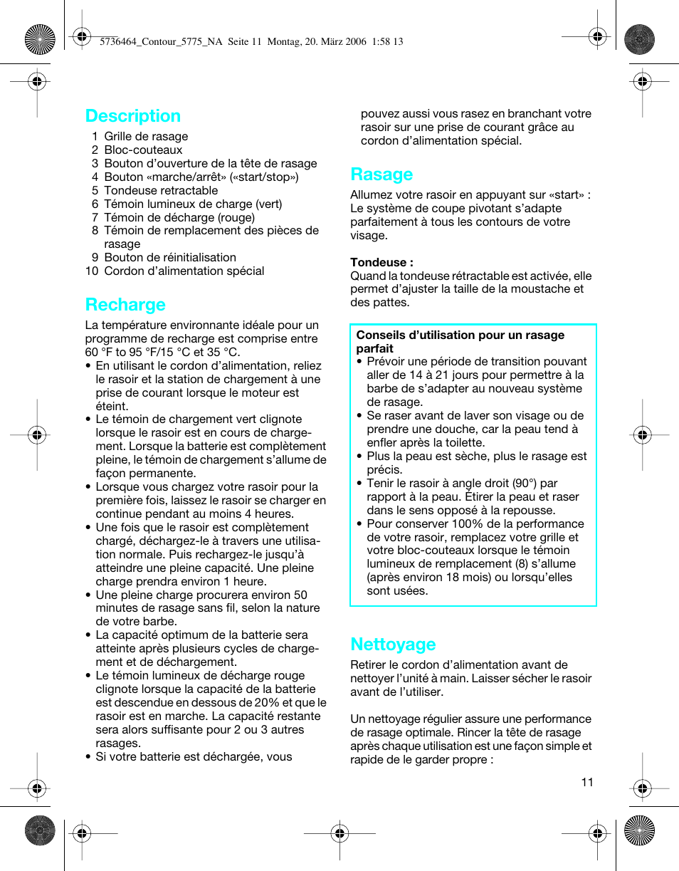 Description, Recharge, Rasage | Nettoyage | Braun 5775 User Manual | Page 11 / 18