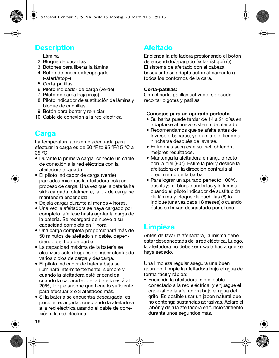 Description, Carga, Afeitado | Limpieza | Braun 5775 User Manual | Page 16 / 18