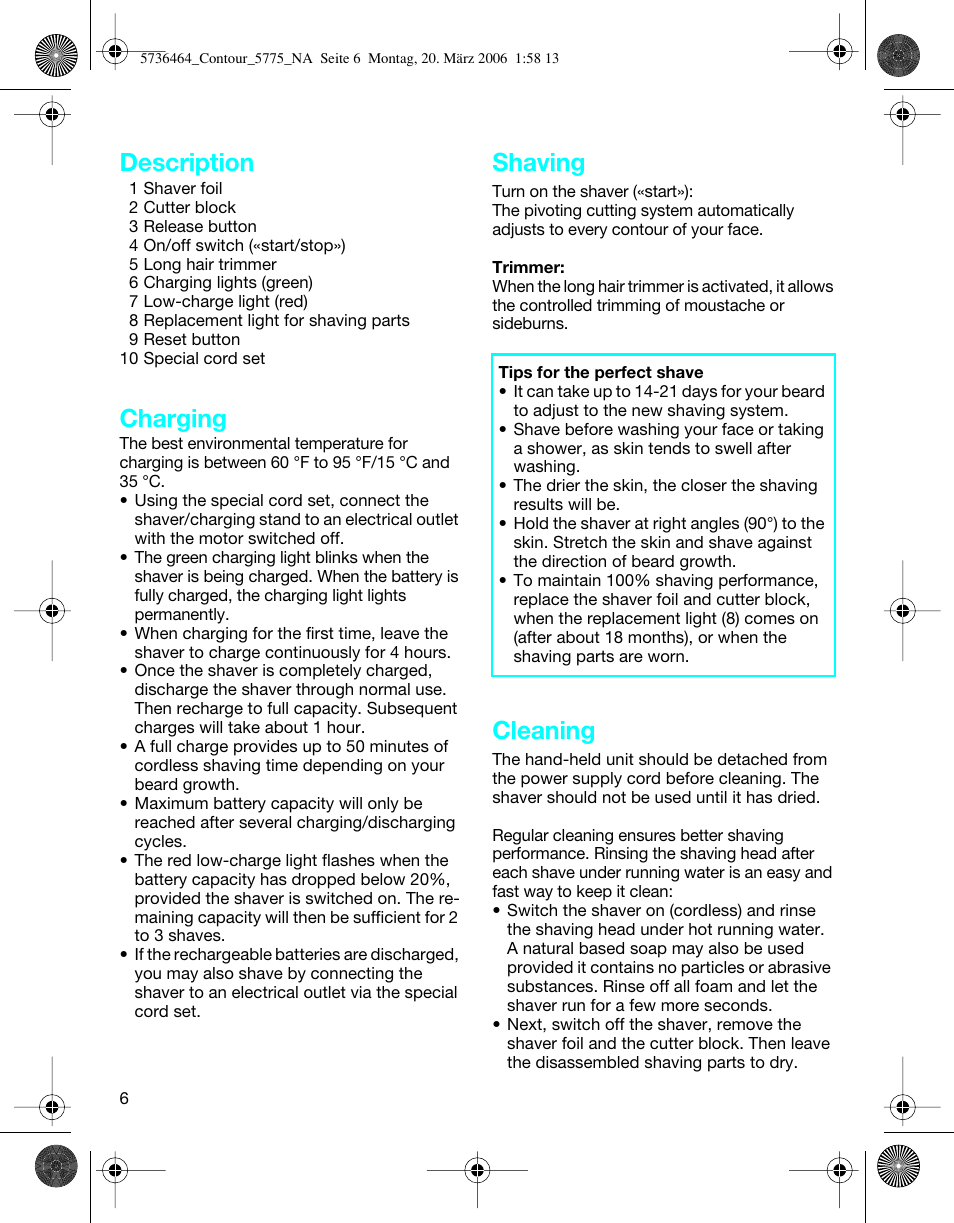 Description, Charging, Shaving | Cleaning | Braun 5775 User Manual | Page 6 / 18