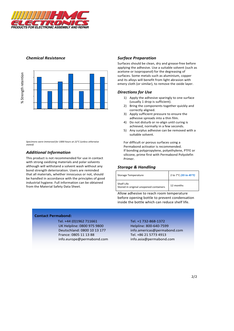 Chemical resistance, Additional information, Surface preparation | Directions for use, Storage & handling, Contact permabond, Strength retention | HMC Electronics 102-1 Permabond 102 Cyanoacrylate Adhesive, General Purpose, Plastic Bonding User Manual | Page 2 / 2