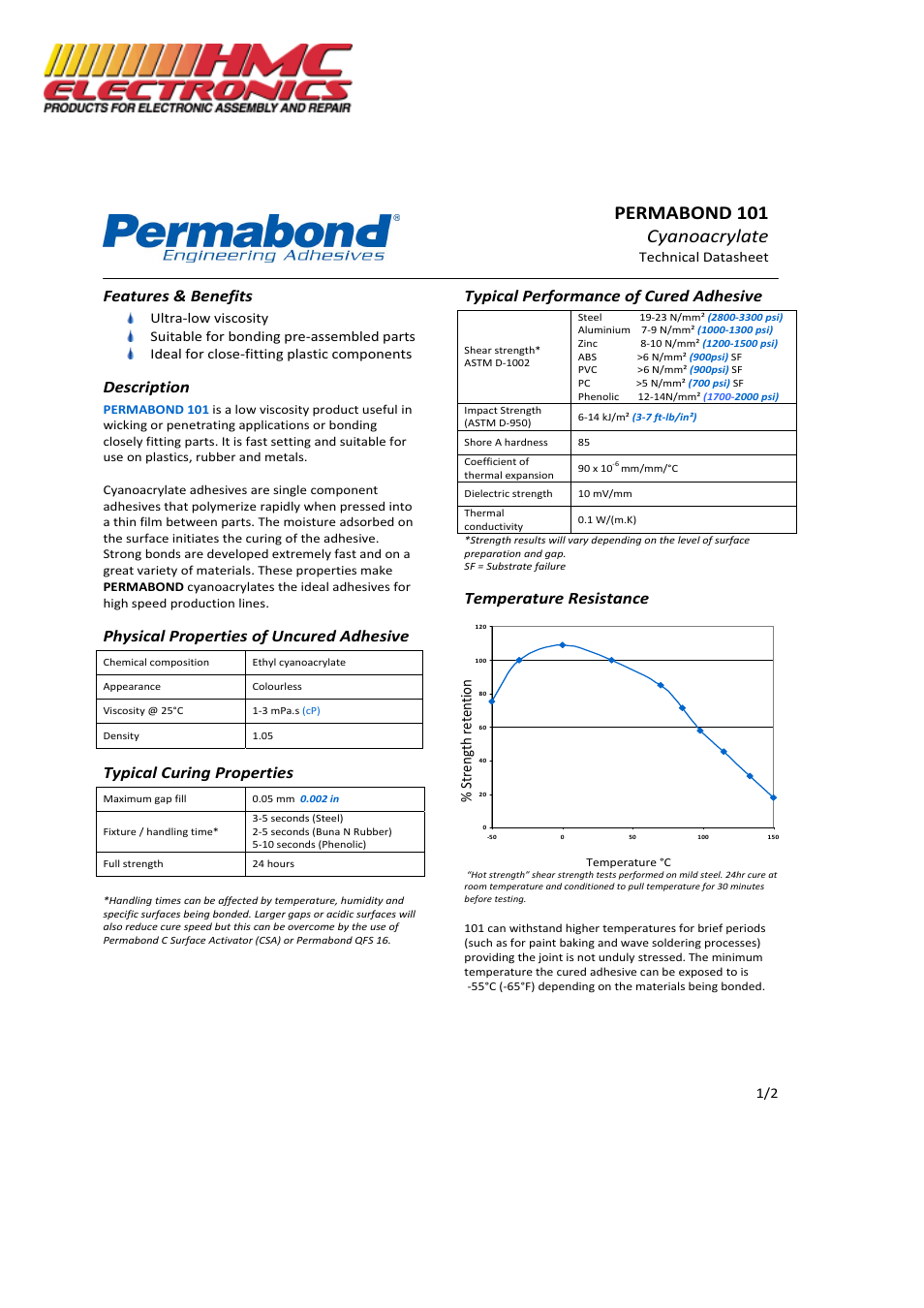HMC Electronics 101-1 Permabond 101 Cyanoacrylate Adhesive, General Purpose, Wicking Type, Plastic Bonding User Manual | 2 pages