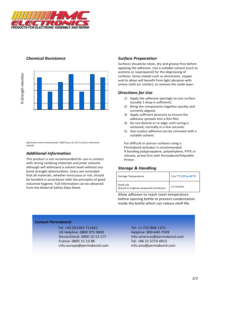 Chemical resistance, Additional information, Surface preparation | Directions for use, Storage & handling, Contact permabond, Strength retention | HMC Electronics 101-1 Permabond 101 Cyanoacrylate Adhesive, General Purpose, Wicking Type, Plastic Bonding User Manual | Page 2 / 2