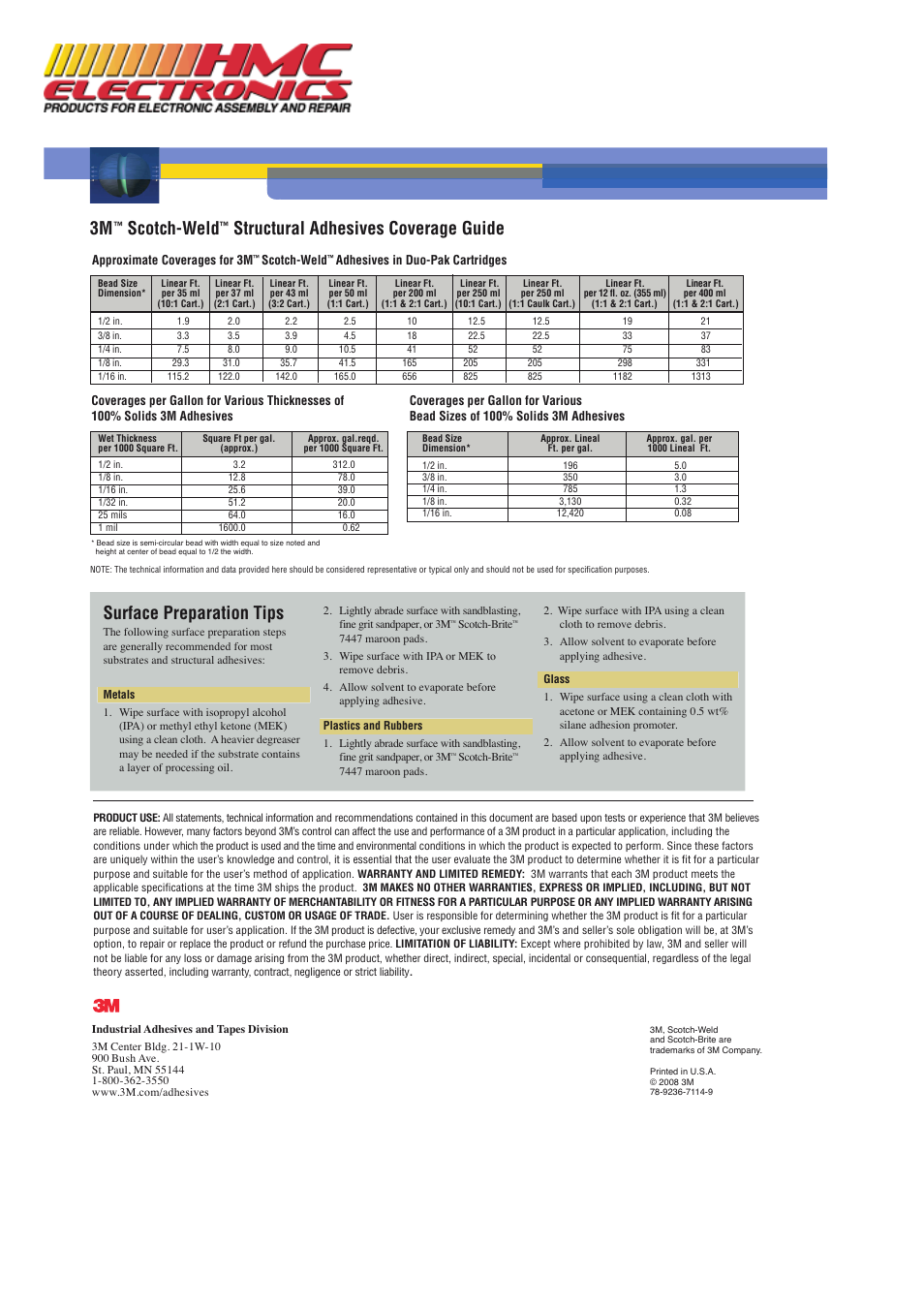Scotch-weld, Structural adhesives coverage guide, Surface preparation tips | HMC Electronics DP100 3M DP-100 Scotch-Weld Epoxy Adhesive User Manual | Page 10 / 10