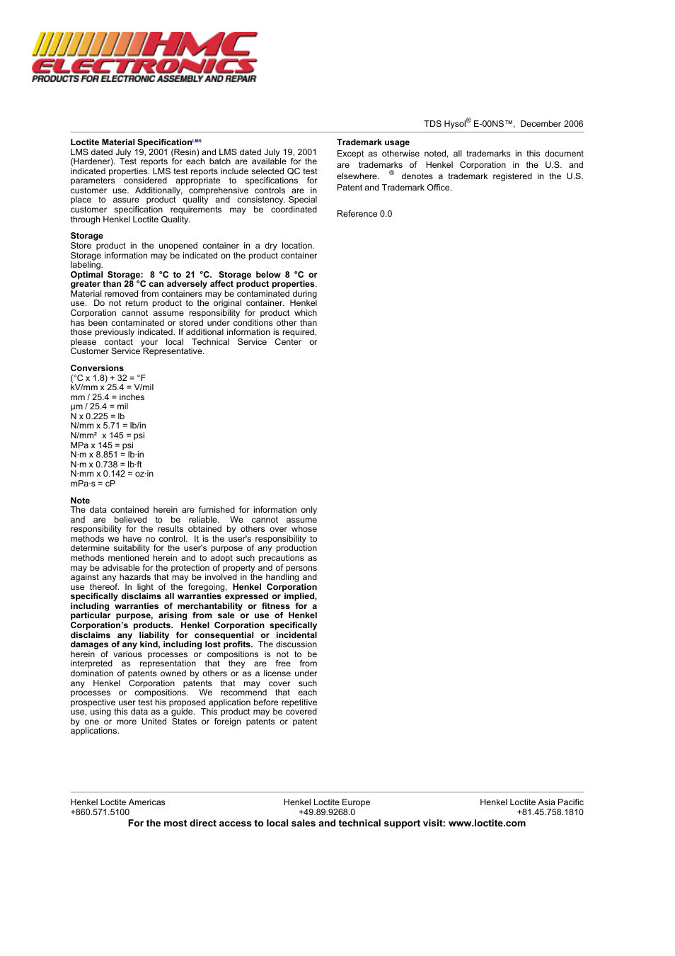 HMC Electronics 29294 Loctite E-00NS Hysol 2-Part Epoxy Adhesive, Non-Sag, Fast Setting User Manual | Page 3 / 3