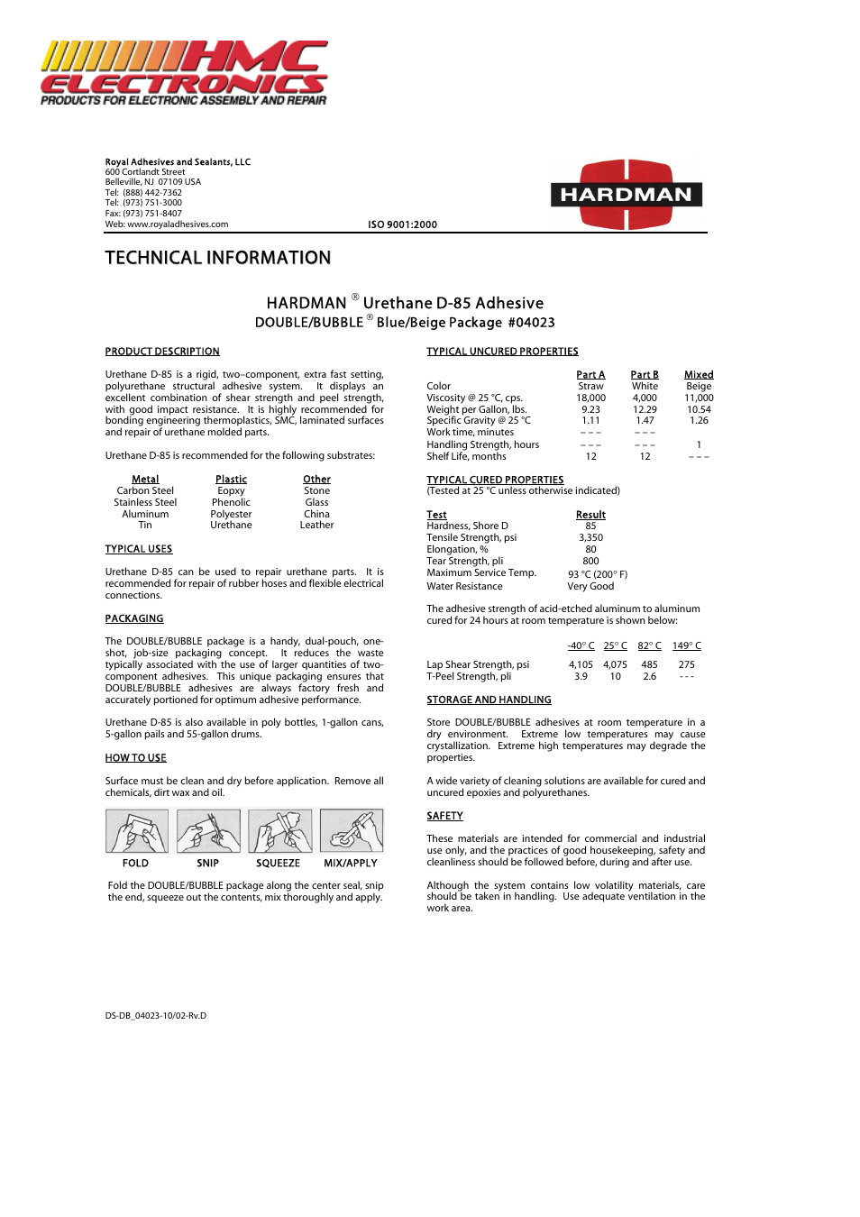 HMC Electronics 04023 Hardman Double Bubble Urethane, Blue/Beige Packet, High Sheer Strength Adhesive User Manual | 2 pages