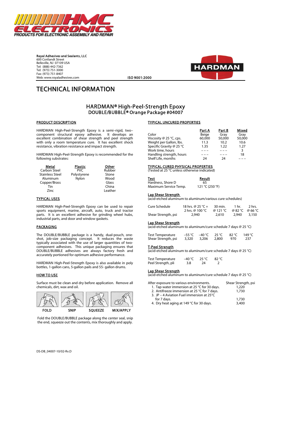 HMC Electronics 04007 Hardman Double Bubble Epoxy, Orange/White Packet, High Peel Strength Adhesive User Manual | 2 pages