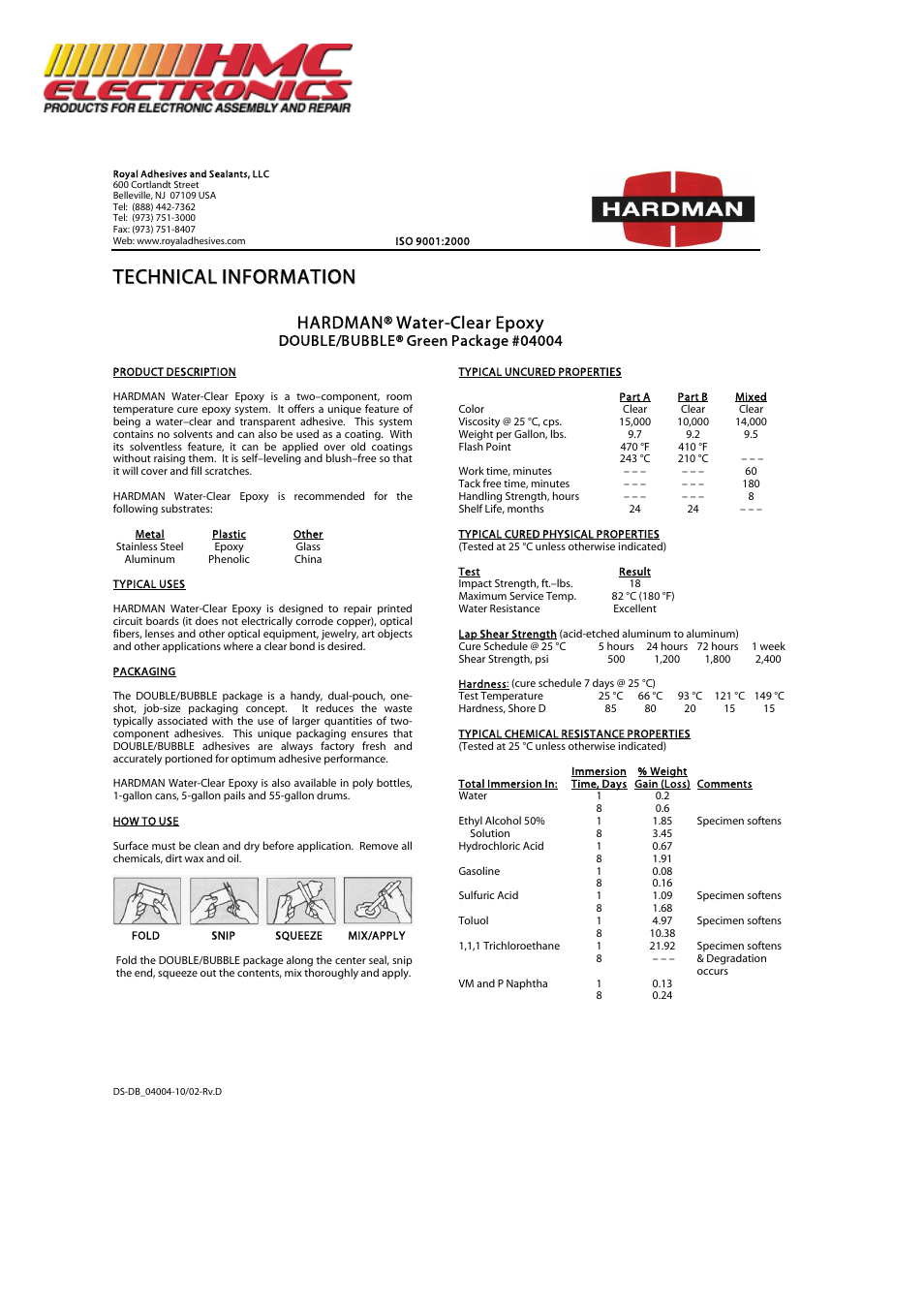 HMC Electronics 04004 Hardman Double Bubble Epoxy, Green/White Packet, Clear Impact Resistant Adhesive User Manual | 2 pages