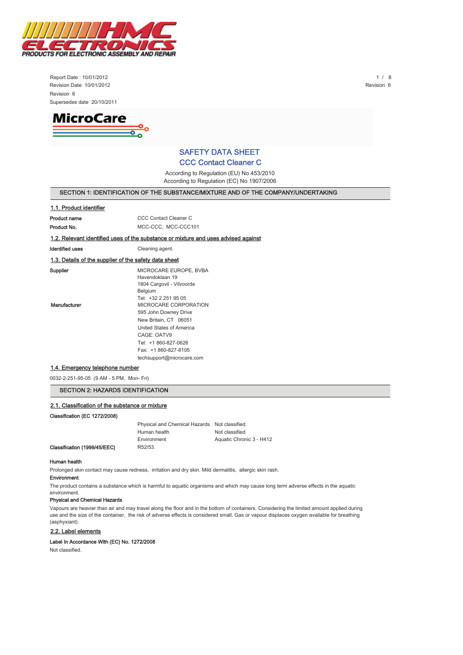 HMC Electronics MCC-CCC MicroCare Contact Cleaner C User Manual | 8 pages