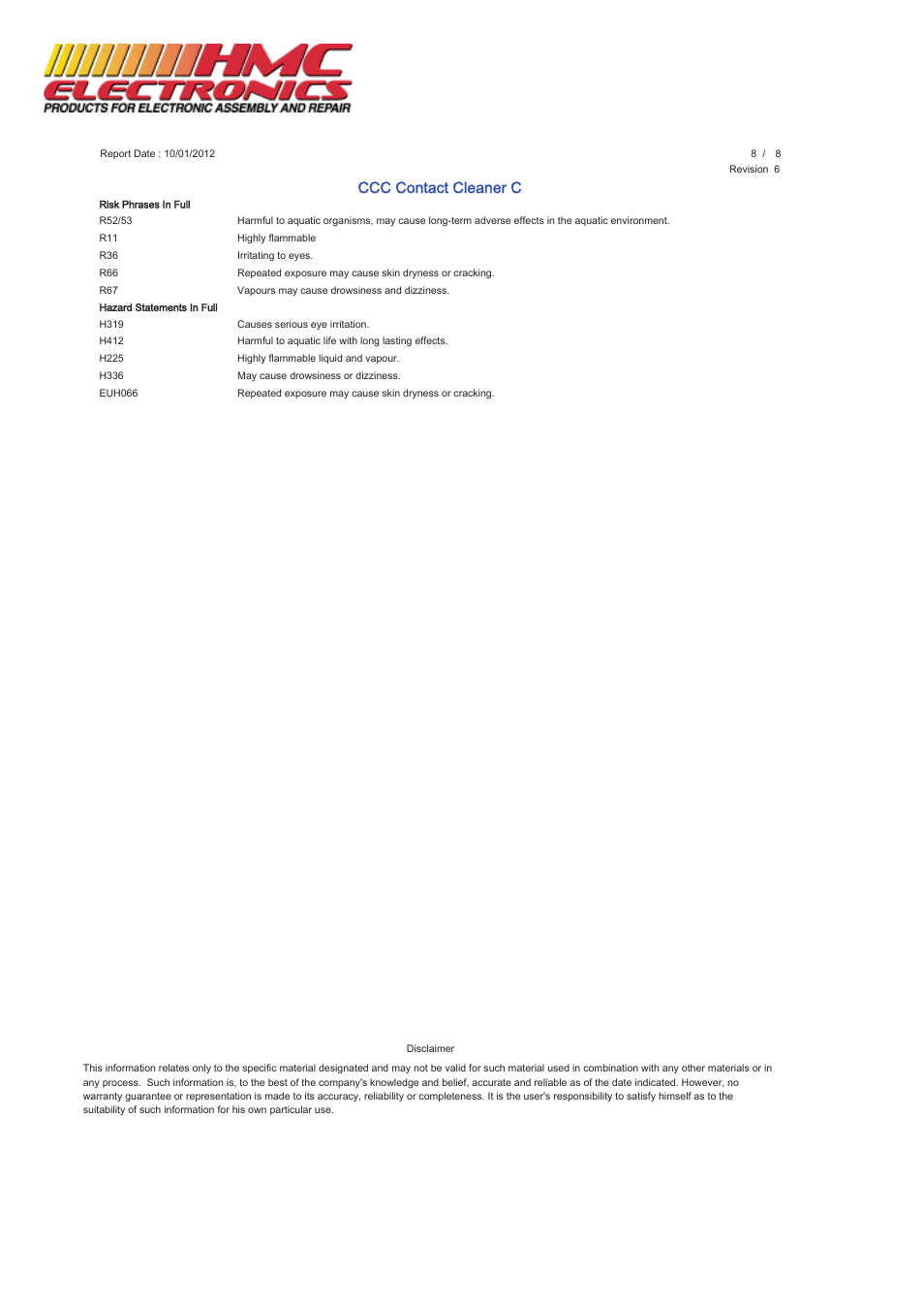 Ccc contact cleaner c | HMC Electronics MCC-CCC MicroCare Contact Cleaner C User Manual | Page 8 / 8