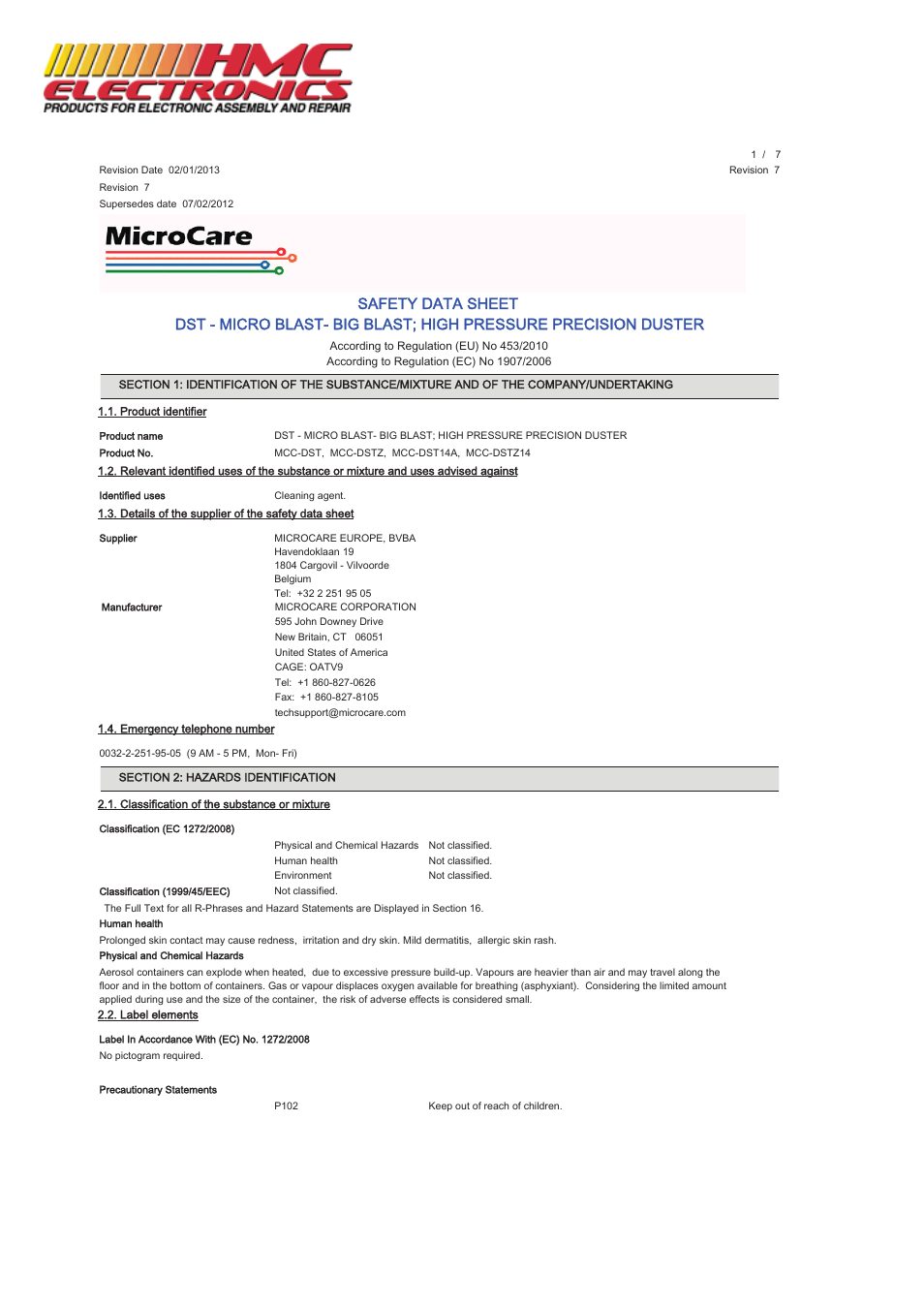 HMC Electronics MCC-DST MicroCare Dust Remover, MicroBlast User Manual | 7 pages