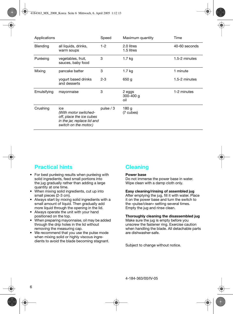 Practical hints, Cleaning | Braun MX 2000 User Manual | Page 6 / 6