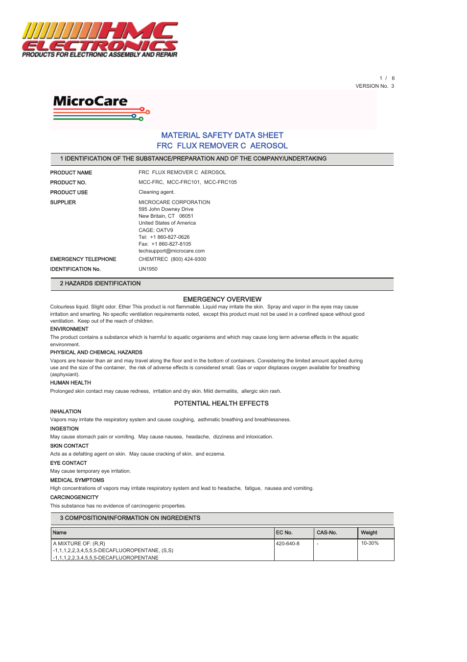 HMC Electronics MCC-FRC MicroCare Flux Remover C User Manual | 6 pages